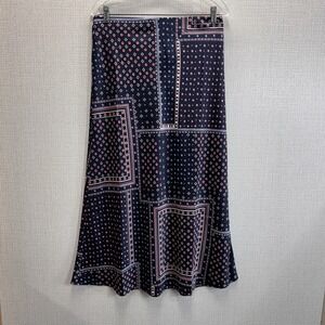 LOFT Bandana Patchwork Ditsy Floral Bias Cut Midi Skirt Navy Sz Medium